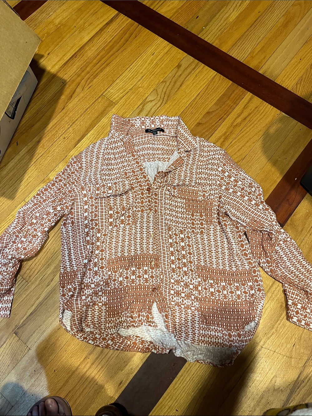 Rust and White Printed Button-Up Blouse